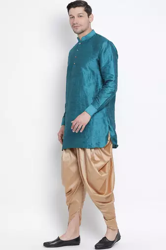 Men'S Dark Green Silk Blend Kurta And Dhoti Set