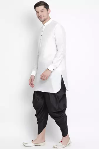 White Silk Blend Kurta And Dhoti Set