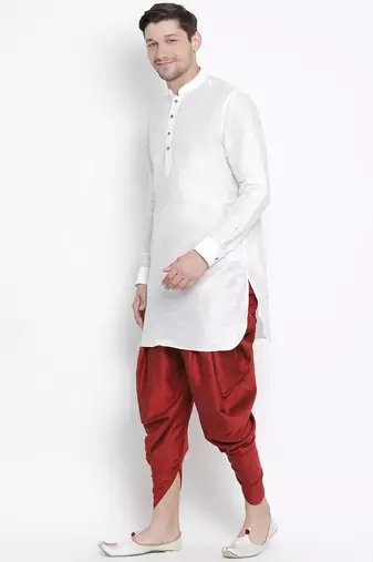 White Silk Blend Kurta And Dhoti Set