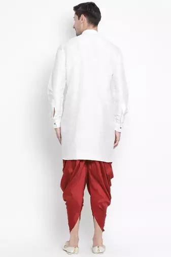 White Silk Blend Kurta And Dhoti Set