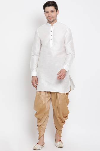Men'S White Silk Blend Kurta And Dhoti Set