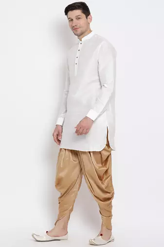 White Silk Blend Kurta And Dhoti Set