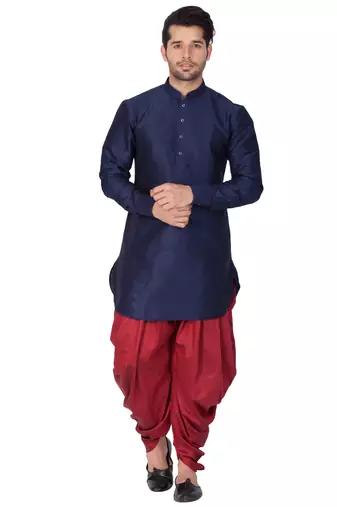 Blue Silk Blend Kurta And Dhoti Set