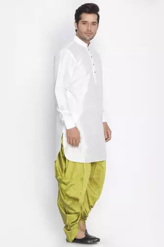 White Silk Blend Kurta And Dhoti Set