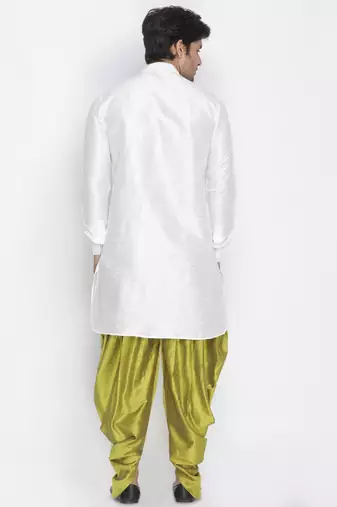 White Silk Blend Kurta And Dhoti Set