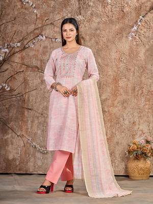 Pink Linen Cotton Embroidered Readymade Trouser Pant Suit 1