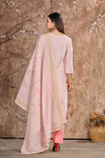 Pink Linen Cotton Embroidered Readymade Trouser Pant Suit