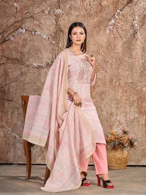 Pink Linen Cotton Embroidered Readymade Trouser Pant Suit 5