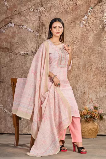 Pink Linen Cotton Embroidered Readymade Trouser Pant Suit