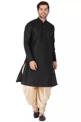 Black Silk Blend Kurta And Dhoti Set