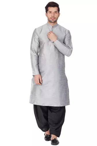 Grey Silk Blend Kurta And Dhoti Set