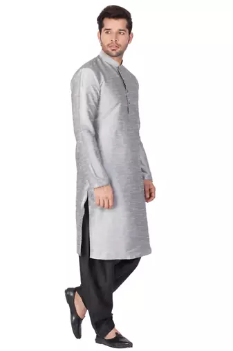 Grey Silk Blend Kurta And Dhoti Set