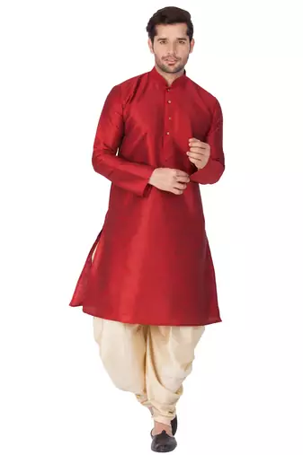 Maroon Silk Blend Kurta And Dhoti Set