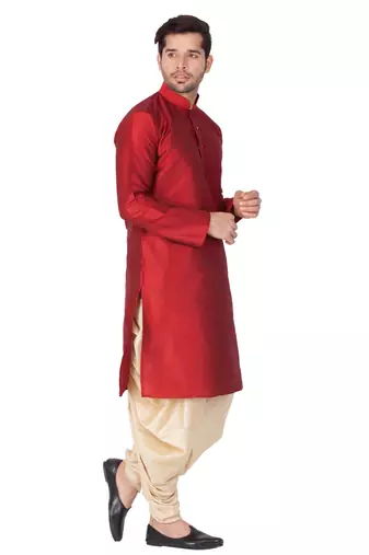 Maroon Silk Blend Kurta And Dhoti Set