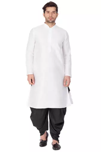 White Silk Blend Kurta And Dhoti Set