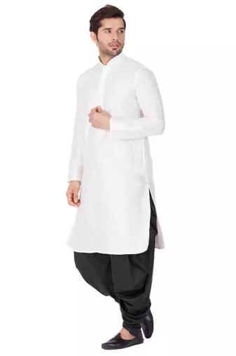 White Silk Blend Kurta And Dhoti Set