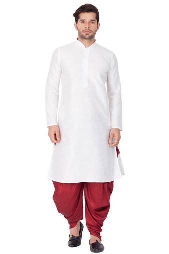 Men'S White Silk Blend Kurta And Dhoti Set