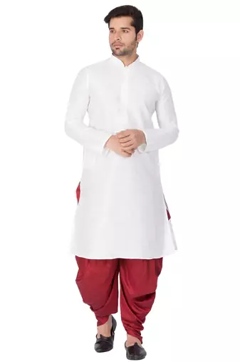 White Silk Blend Kurta And Dhoti Set