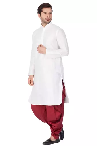White Silk Blend Kurta And Dhoti Set