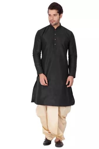 Black Silk Blend Kurta And Dhoti Set