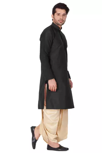 Black Silk Blend Kurta And Dhoti Set