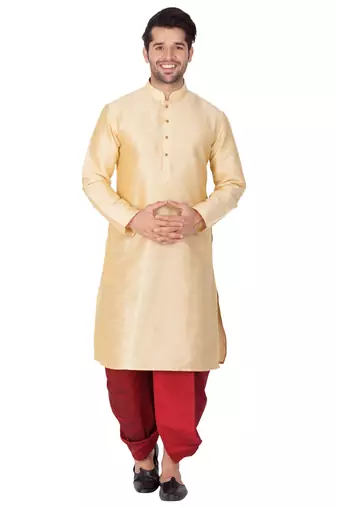  gold silk blend kurta and dhoti set