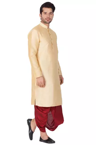  gold silk blend kurta and dhoti set