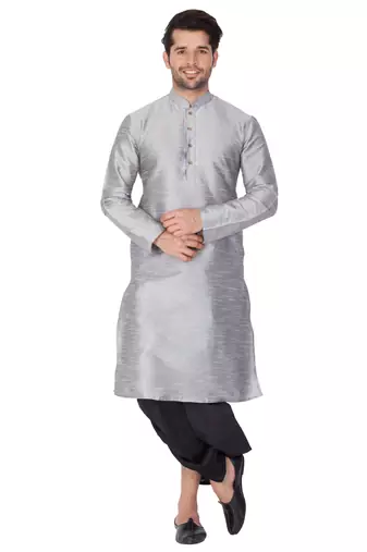 Grey Silk Blend Kurta And Dhoti Set
