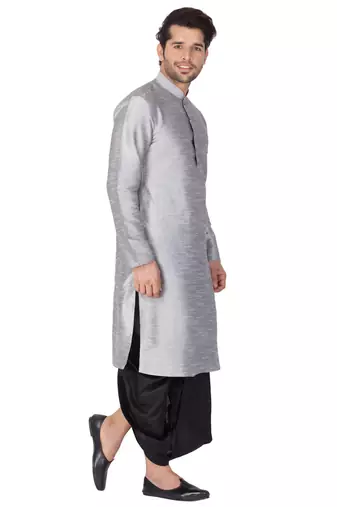 Grey Silk Blend Kurta And Dhoti Set