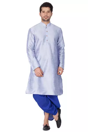 Men'S Light Blue Silk Blend Kurta And Dhoti Set