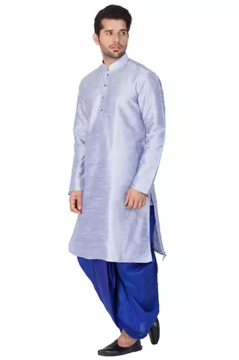Men'S Light Blue Silk Blend Kurta And Dhoti Set
