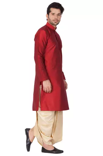 Maroon Silk Blend Kurta And Dhoti Set