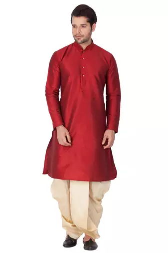 Maroon Silk Blend Kurta And Dhoti Set