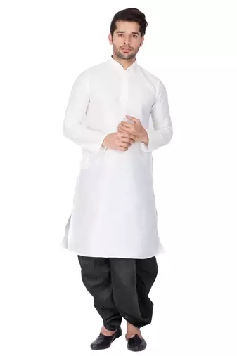 White Silk Blend Kurta And Dhoti Set