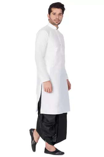 White Silk Blend Kurta And Dhoti Set