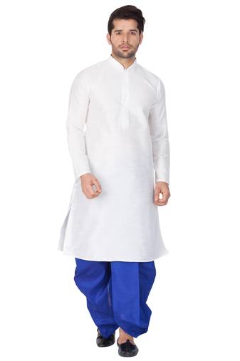 Men'S White Silk Blend Kurta And Dhoti Set
