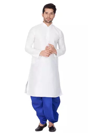 White Silk Blend Kurta And Dhoti Set