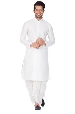 White Silk Blend Kurta And Dhoti Set 1