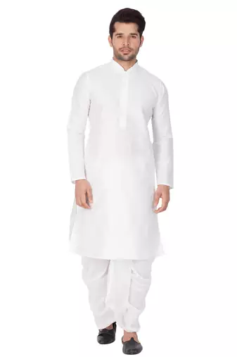 White Silk Blend Kurta And Dhoti Set