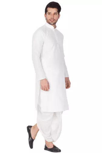 White Silk Blend Kurta And Dhoti Set
