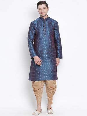 Blue Silk Blend Kurta And Dhoti Set 1