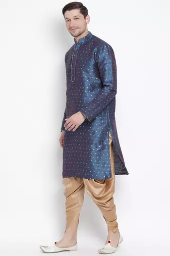 Blue Silk Blend Kurta And Dhoti Set