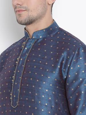 Blue Silk Blend Kurta And Dhoti Set 3