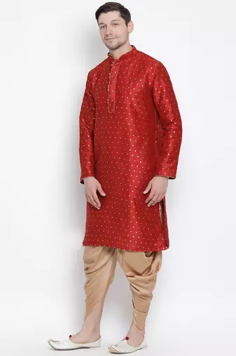 Maroon Silk Blend Kurta And Dhoti Set