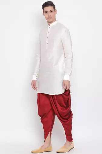 Cream Silk Blend Kurta And Dhoti Set