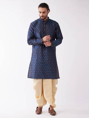 Blue And Gold Silk Blend Kurta And Dhoti Set 1