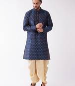 Blue And Gold Silk Blend Kurta And Dhoti Set