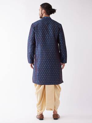 Blue And Gold Silk Blend Kurta And Dhoti Set 3