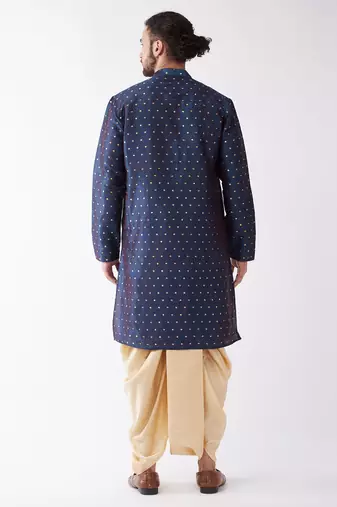 Blue And Gold Silk Blend Kurta And Dhoti Set