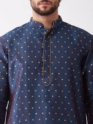 Blue And Gold Silk Blend Kurta And Dhoti Set 4